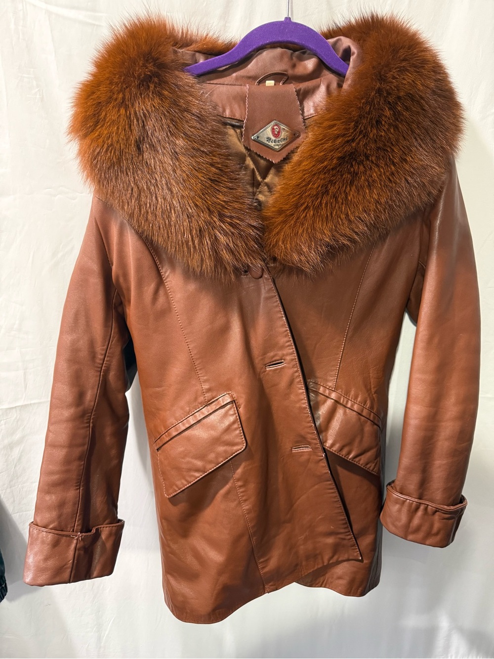 Vintage Brown Leather Coat with Fox Fur Collar